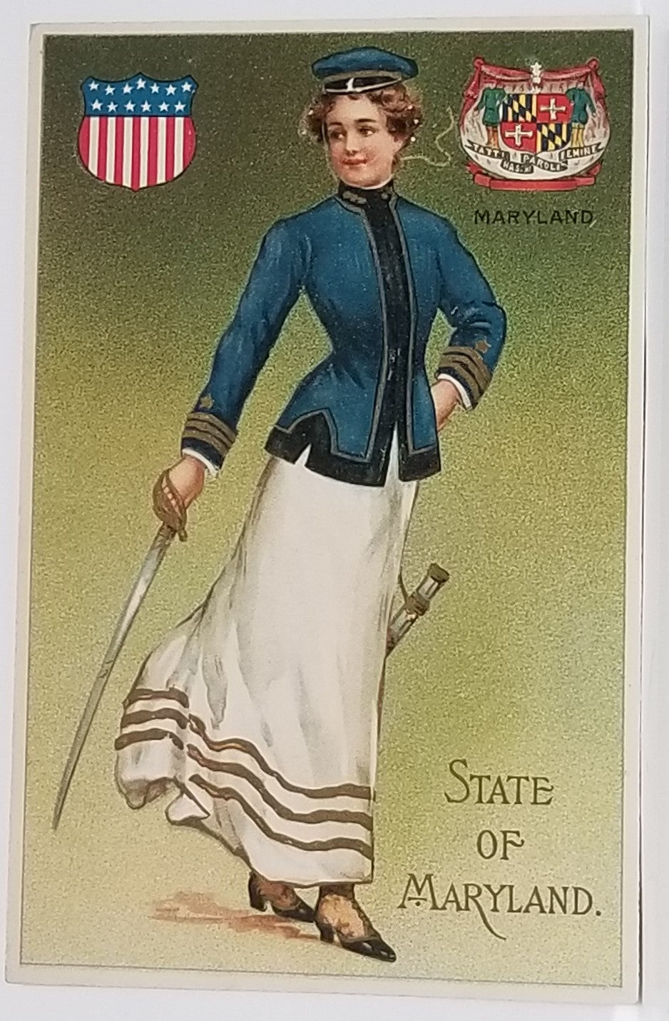 State Girl Postcard Maryland Langsdorf Publishing Embossed Woman in Sailor Type Dress Holding Sword