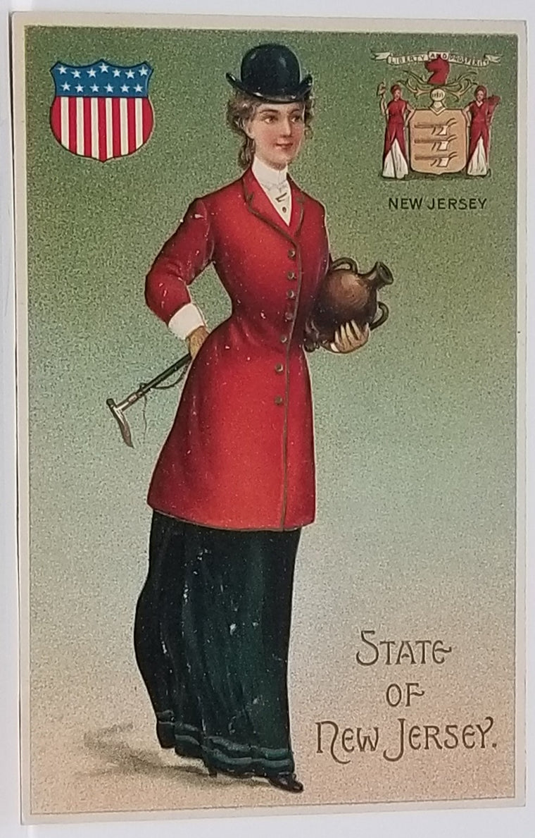 State Girl Postcard New Jersey Langsdorf Publishing Embossed Woman in Elegant Dress Holding Vase