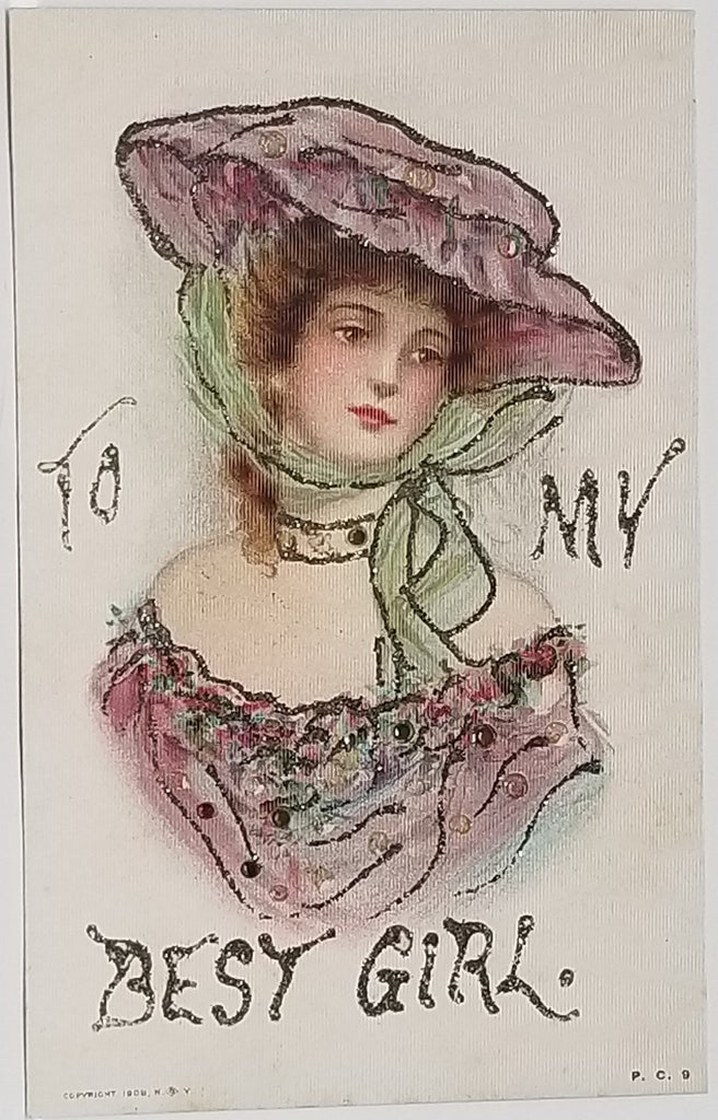 Woman Postcard Lady in Purple Gown & Hat Applied Glitter Nouveau Period