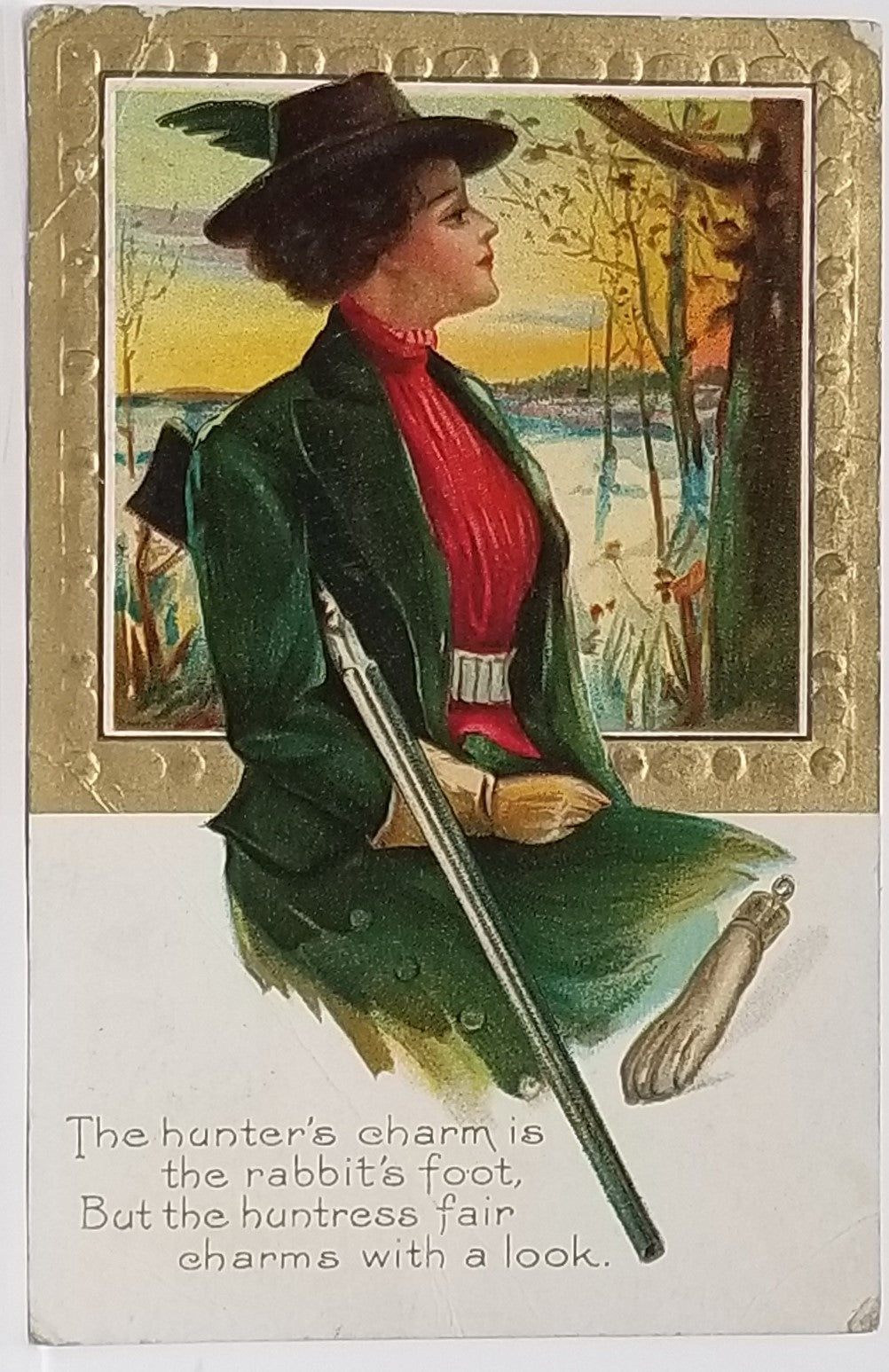 Gibson Girl Holding Shotgun Next to Rabbit Foot Embossed Huntress Card