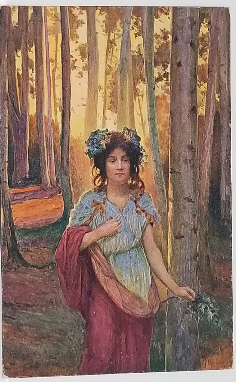 Italian Artist Postcard Nouveau Period Woman Walking Woodland Path Signed