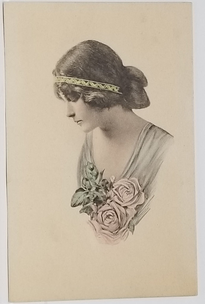 Edwardian Woman in Blue Gown Holding Pink Flowers Hand Tinted Artist Postcard