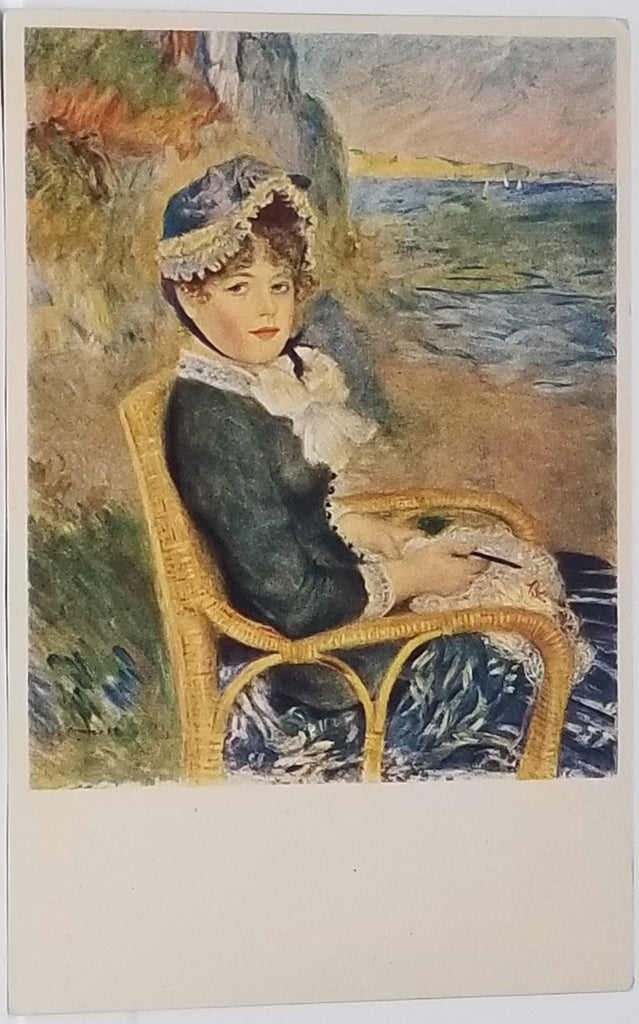 French Artist Postcard By The Seashore Woman in Wicker Chair Portrait of Aline Charigot By Renoir