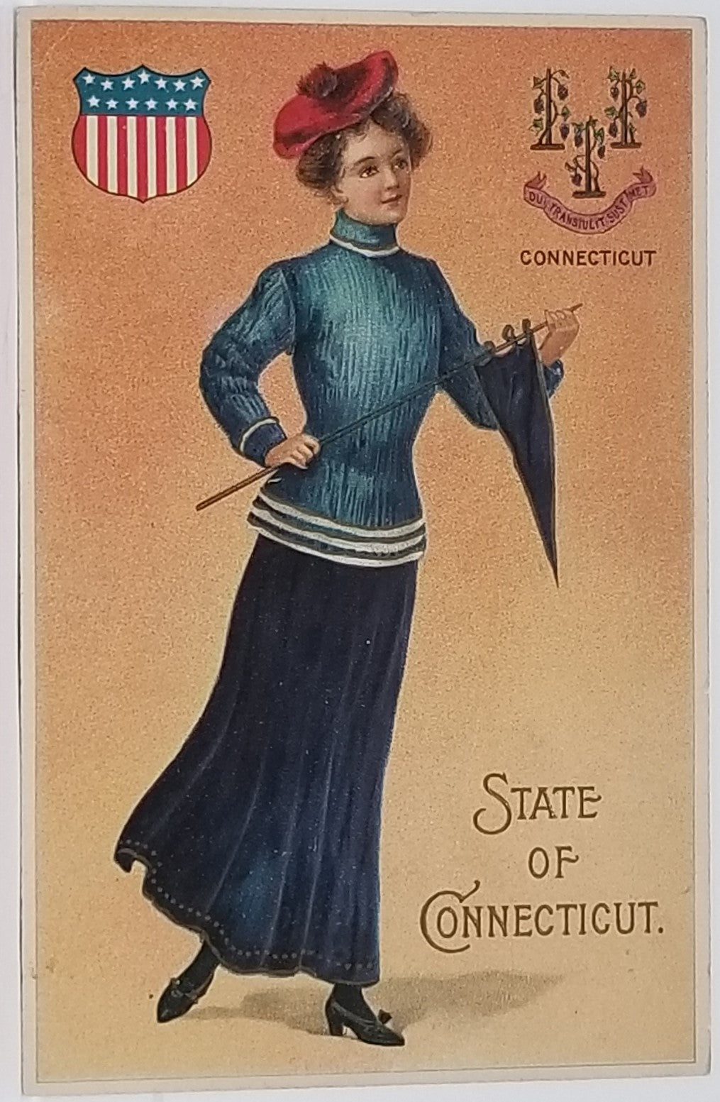 State Girl Postcard Connecticut Langsdorf Publishing Embossed Woman in Yale Blue Holding College Flag