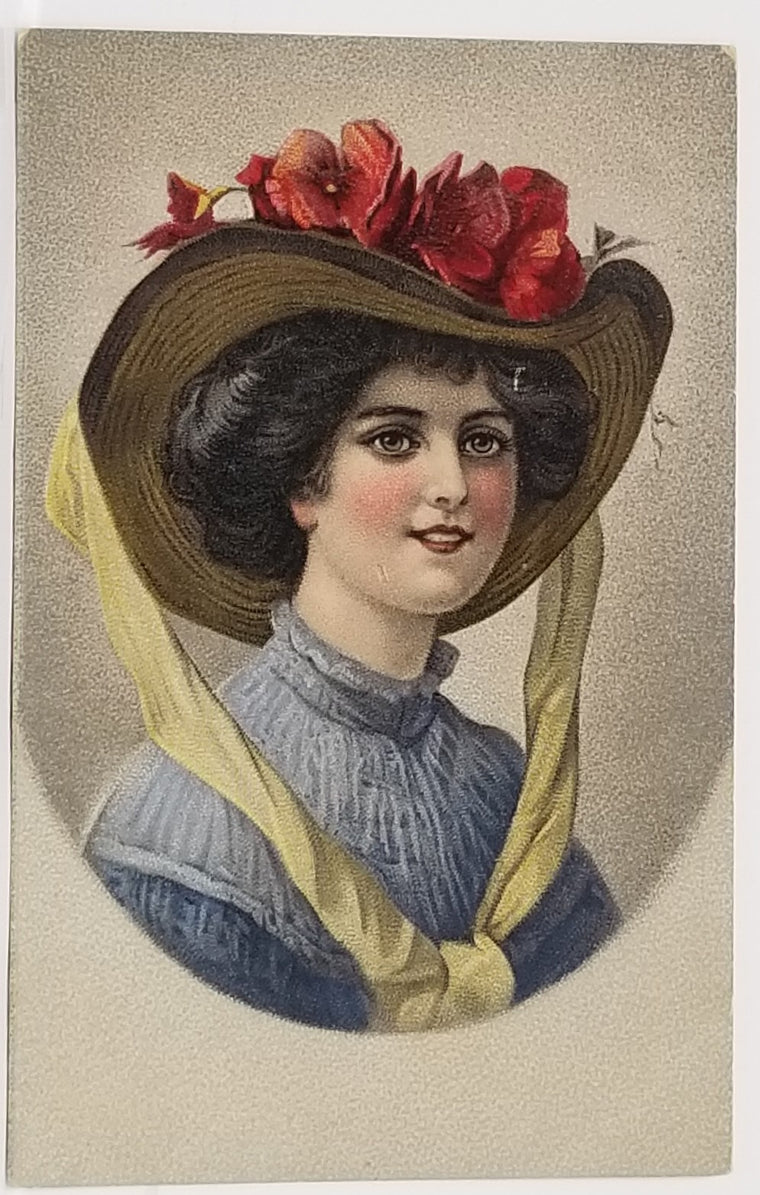 Art Nouveau Period Artist Postcard Portrait of Brunette Woman in Large Bonnet Hat