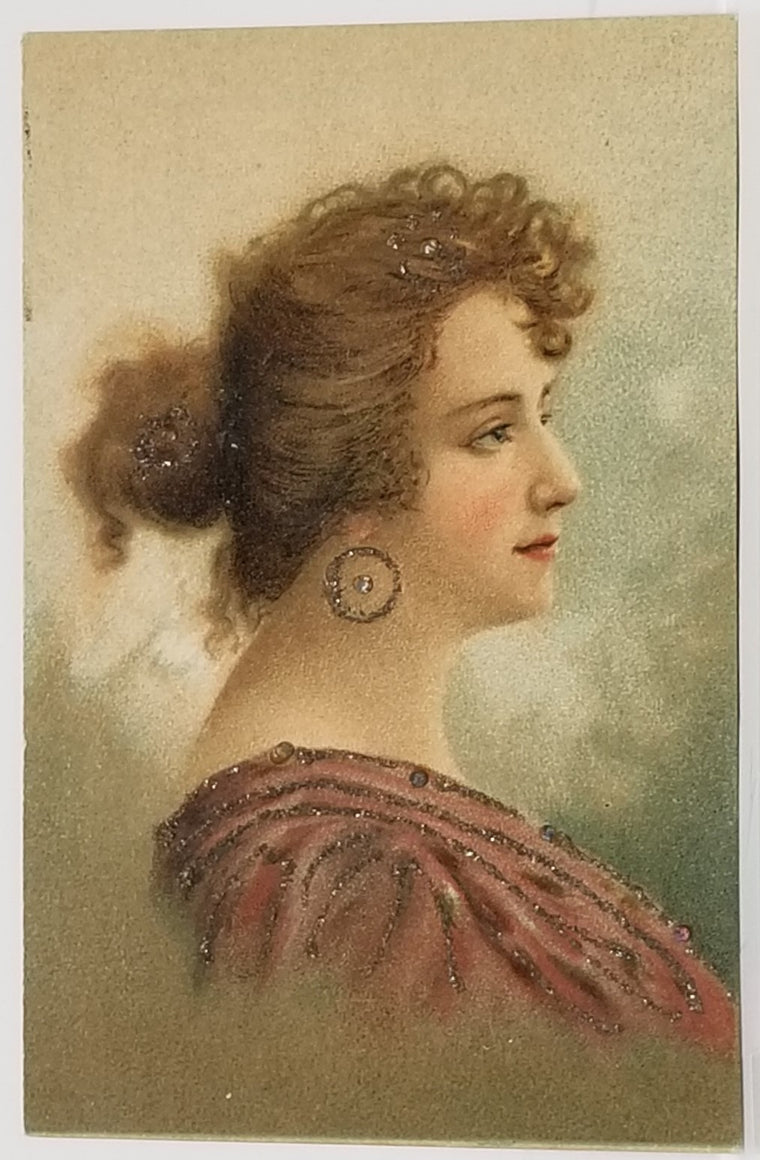 Art Nouveau Artist Postcard Side Portrait of Woman Applied Glitter Numbered on Reverse
