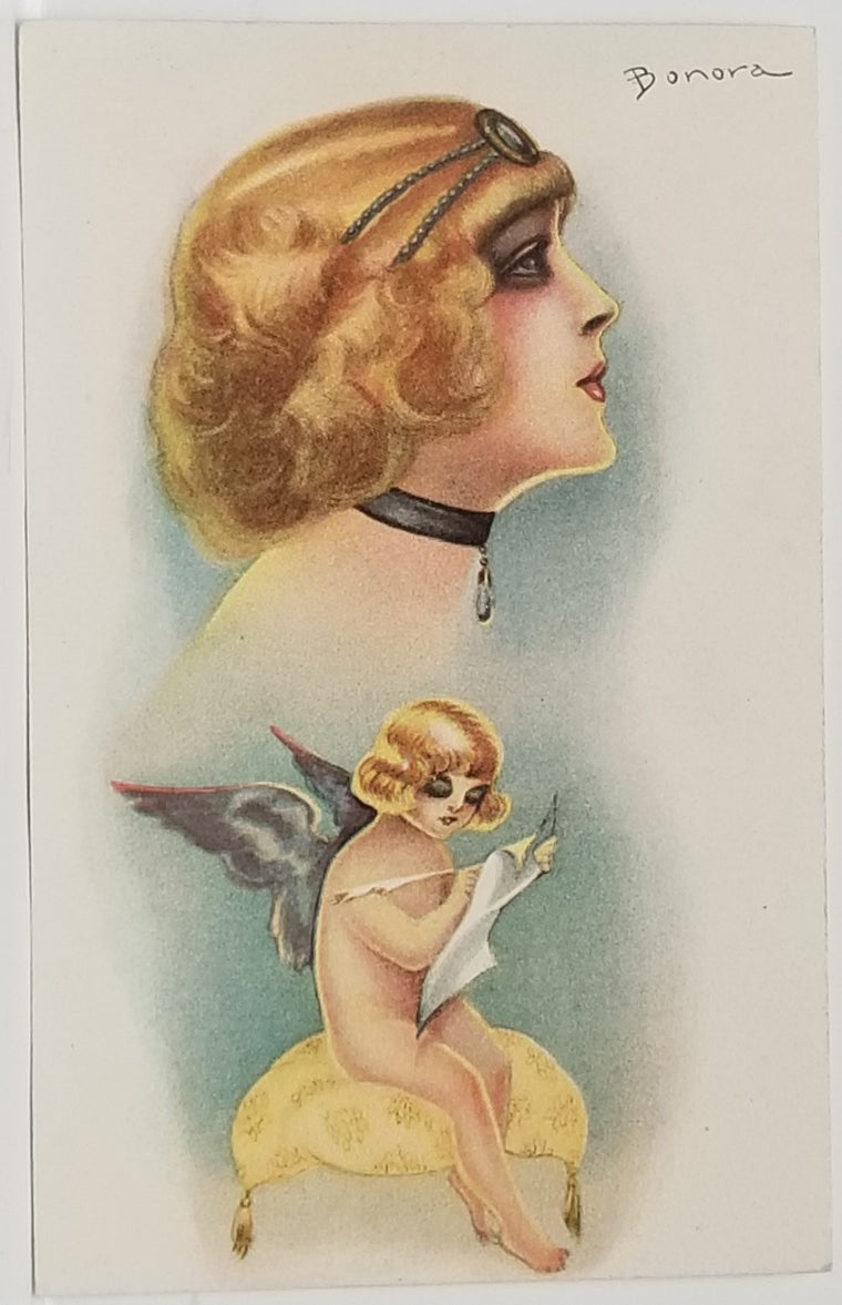 Art Deco Postcard Artist Signed Bonora Flapper w/ Angel