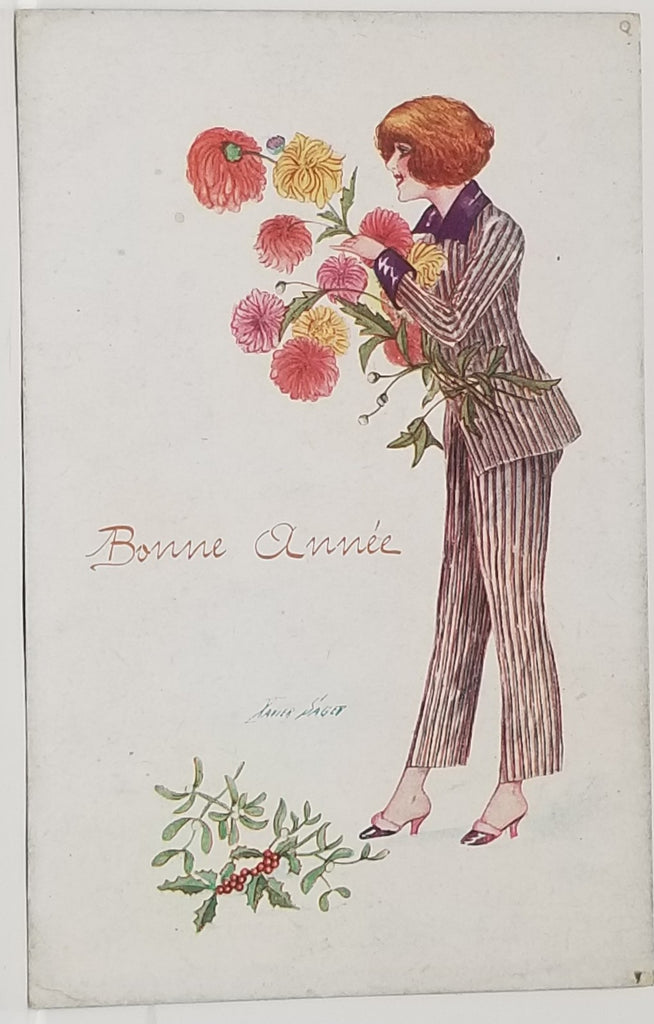 Art Deco Postcard Artist Signed Xavier Sager Bonne Annee Happy New Year French Series 123 Woman with Flowers
