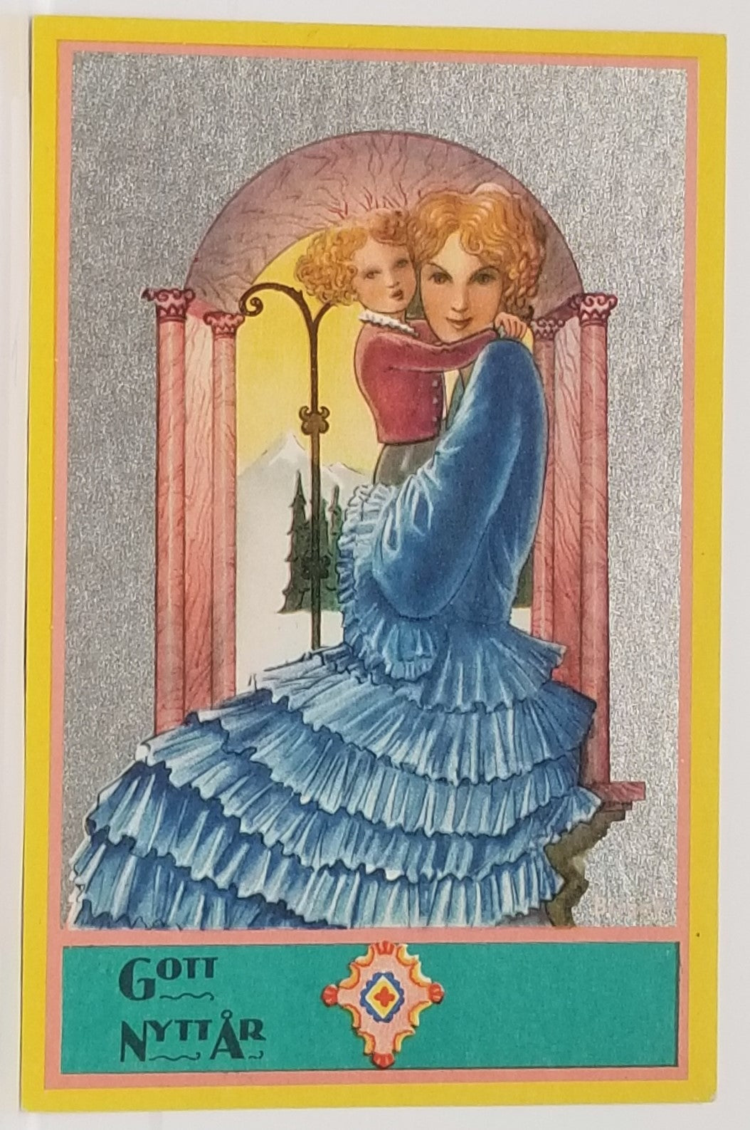 Art Deco Scandinavian Artist Postcard Birger Mother Holding Child on New Year's