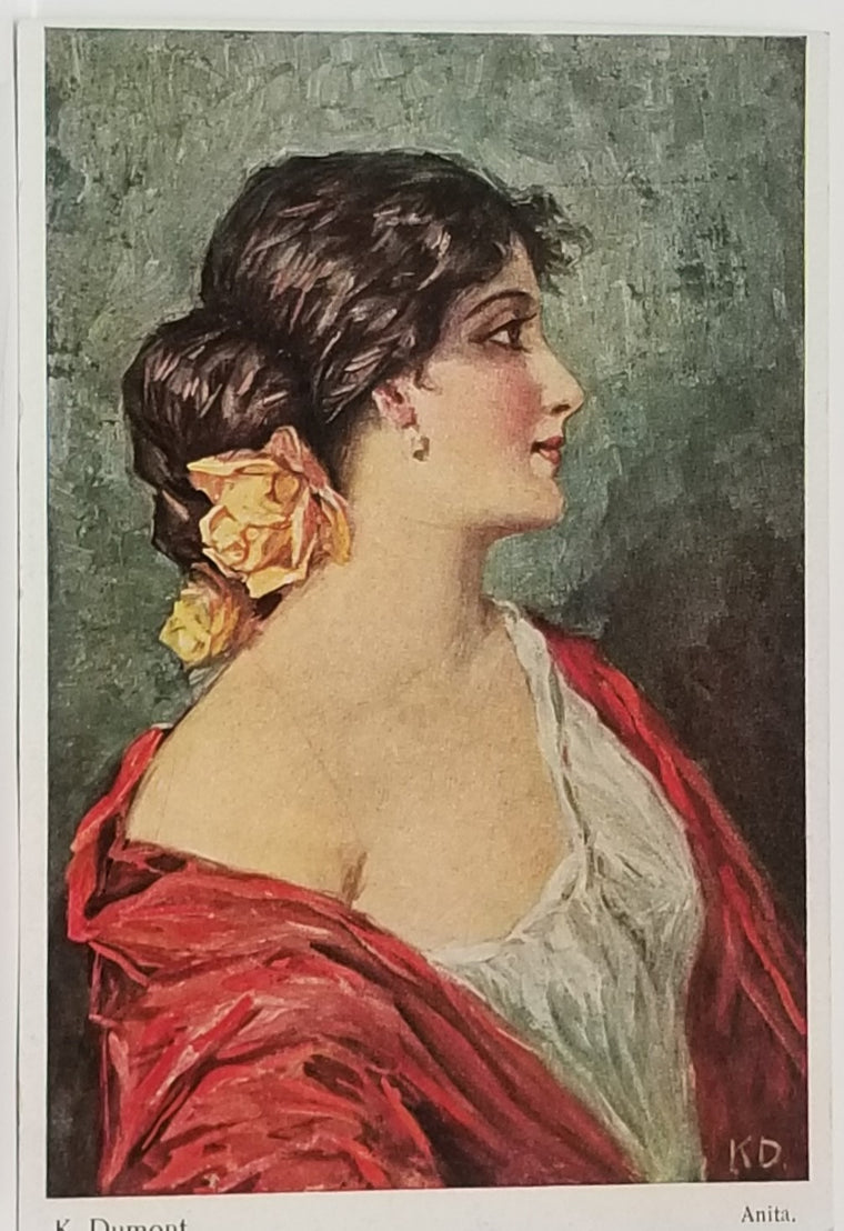 Artist Postcard Portrait of Woman in Red Anita by K Dumont Brunette Beauty Series 375