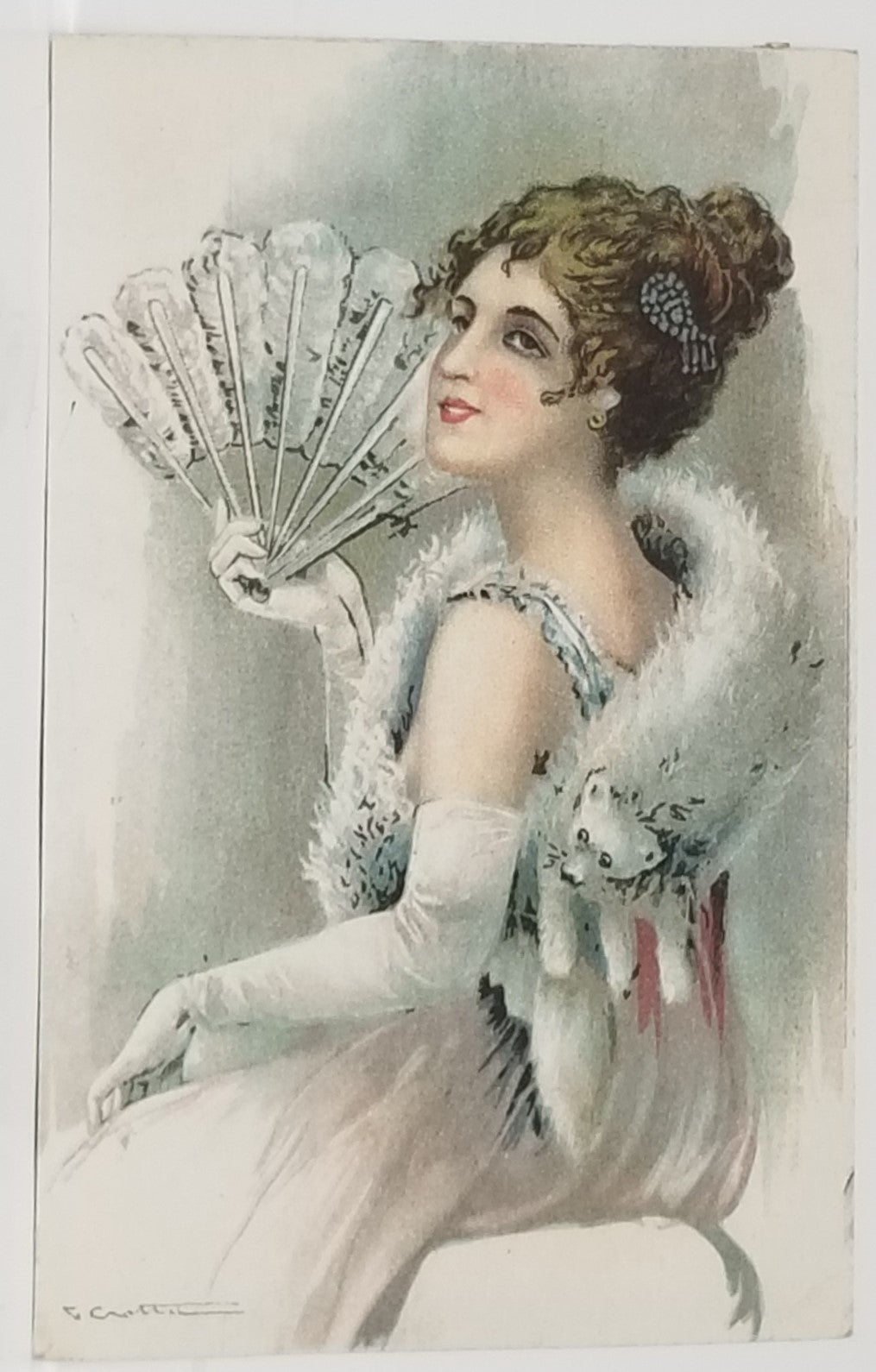 Artist Signed G. Crotta Postcard Italian Glamour Girl Female with Fan Series 3547 1920s Art Post Card