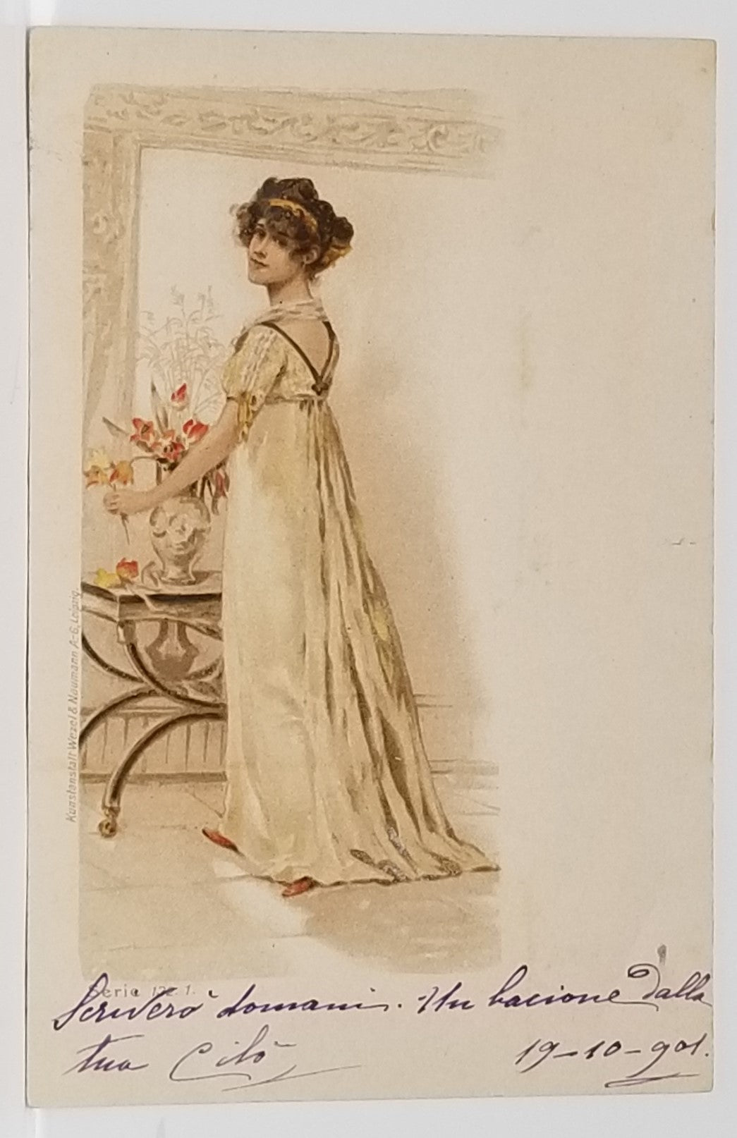 Artist Postcard Woman in Yellow Dress Placing Orange Flowers in Vase W - ChristiesCurios Artist Postcard Woman in Yellow Dress Placing Orange Flowers in Vase W - ChristiesCurios