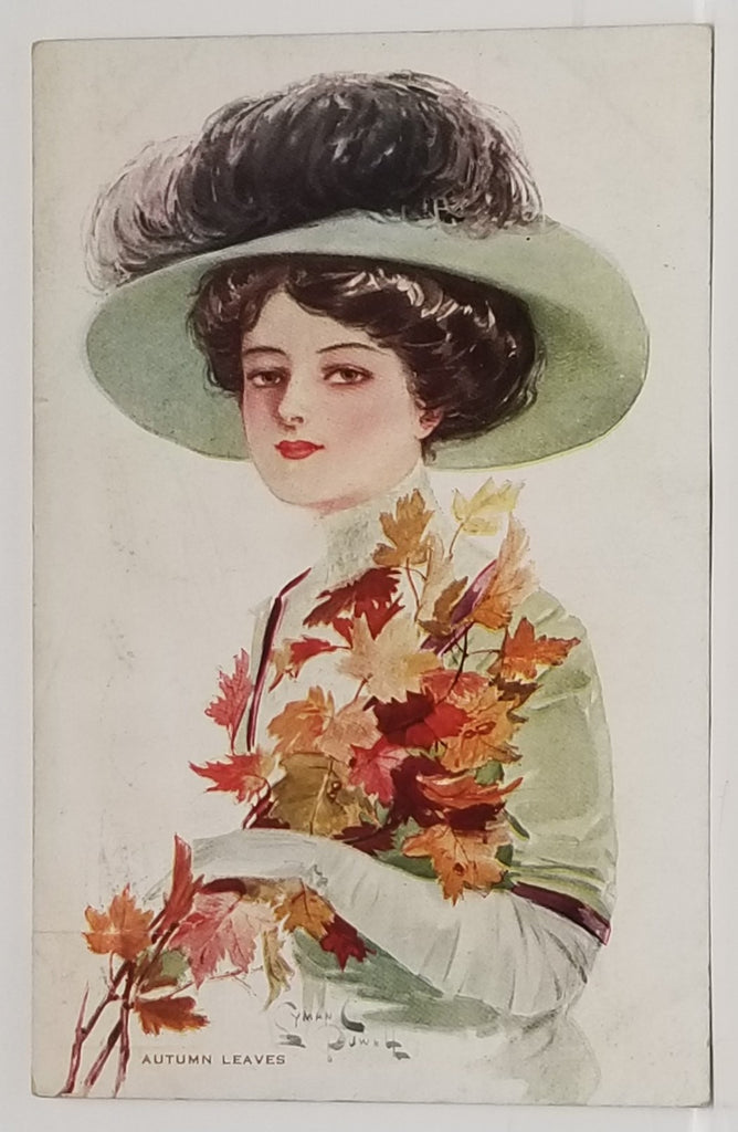 Artist Signed Postcard Gibson Girl Woman Holding Autumn Leaves Schmidt Pub Nouveau Period