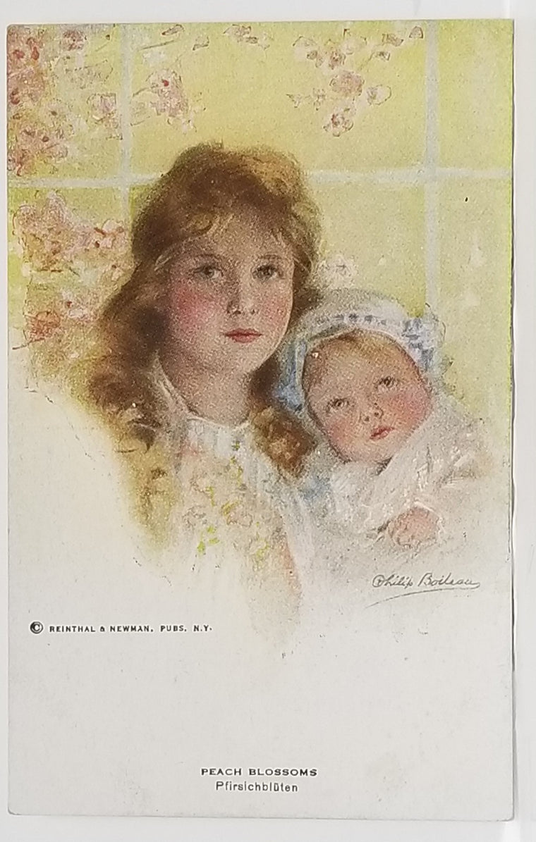 Artist Signed Philip Boileau Postcard Peach Blossoms Child & Baby Art Nouveau Card