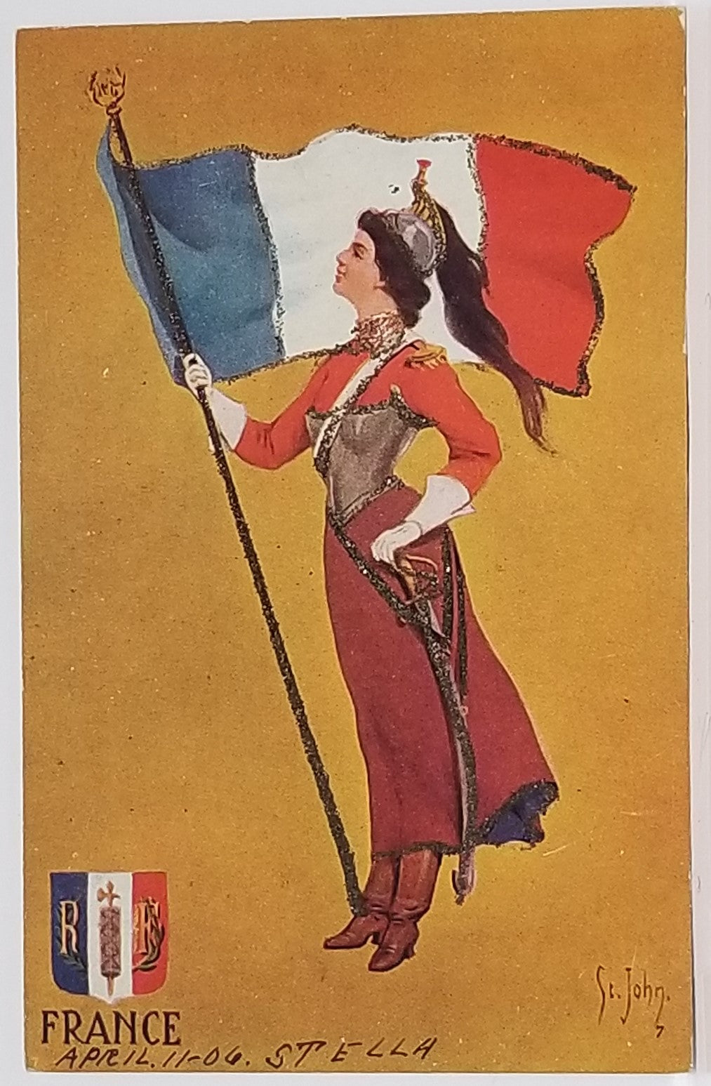 Artist Postcard Woman Holding Flag for France Artist Signed St John Applied Glitter Undivided Back