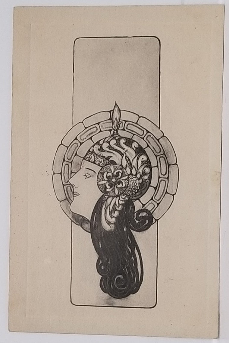 Sepia Postcard Art Nouveau Woman in Headdress Style of Alfonse Mucha