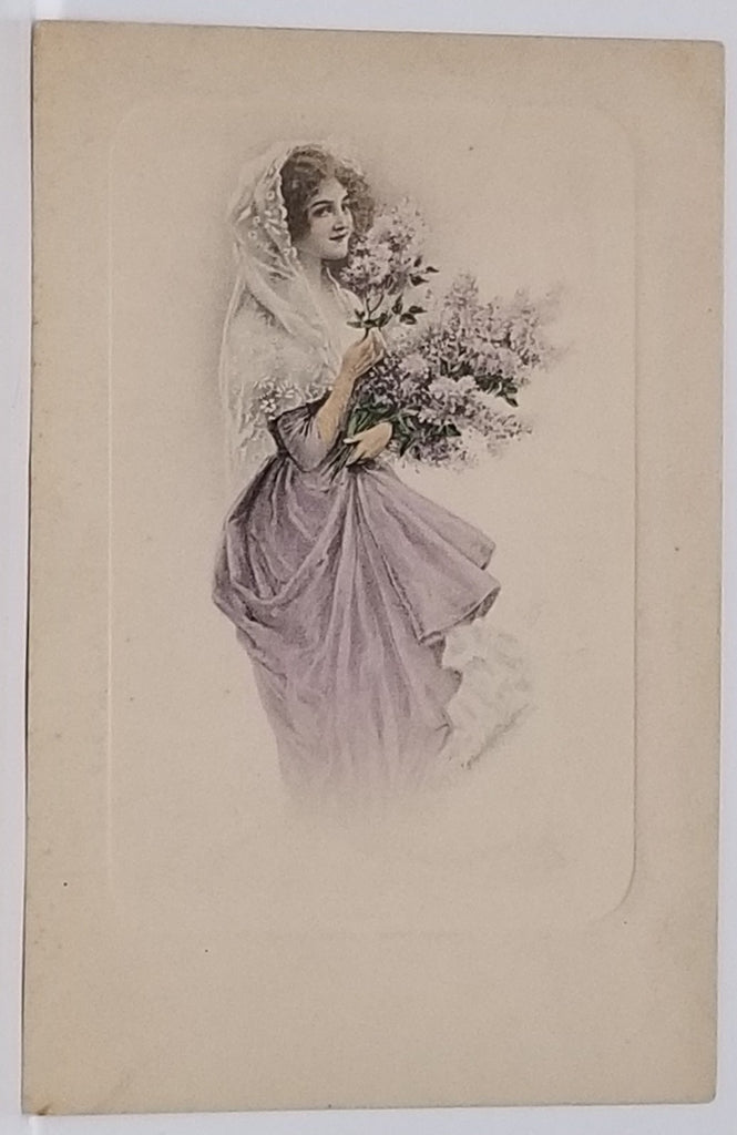 M.M. Vienne French Postcard M. Munk Series 276 Woman in Purple Dress Holding Lilacs Hand Tinted