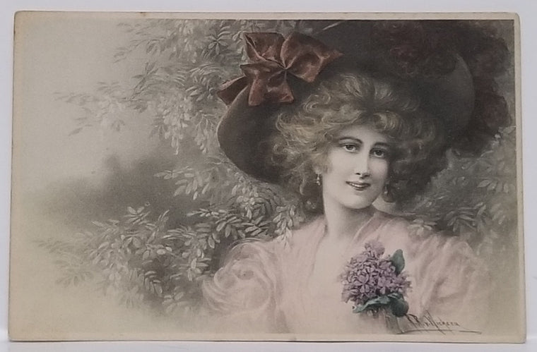M.M. Vienne French Postcard M. Munk Series 411 Woman in Pink Dress Large Hat Artist Signed Hand Tinted