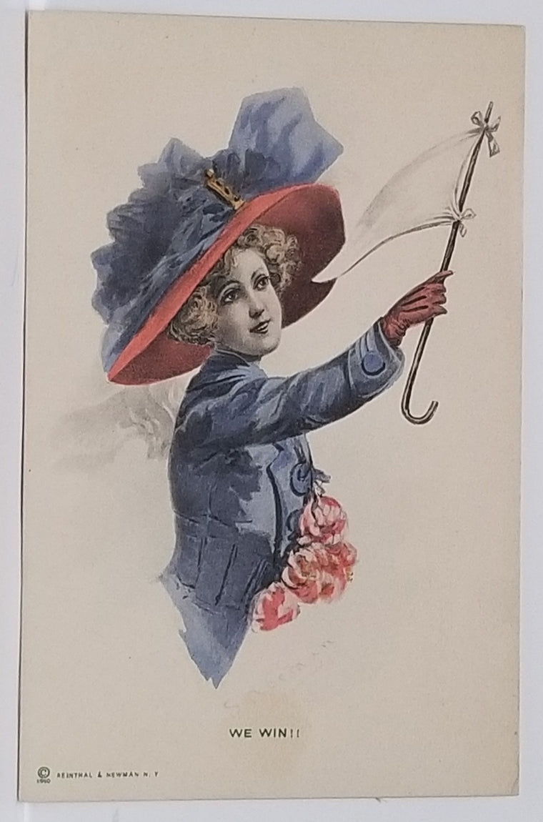 Woman Holding White Flag "We Win" Tinted Card Artist Newman