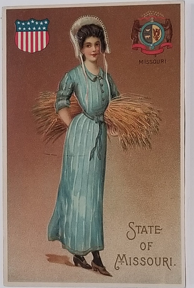 State Girl Postcard Missouri Langsdorf Publishing Embossed Woman in Blue Dress and Bonnet Holding Hay Stack
