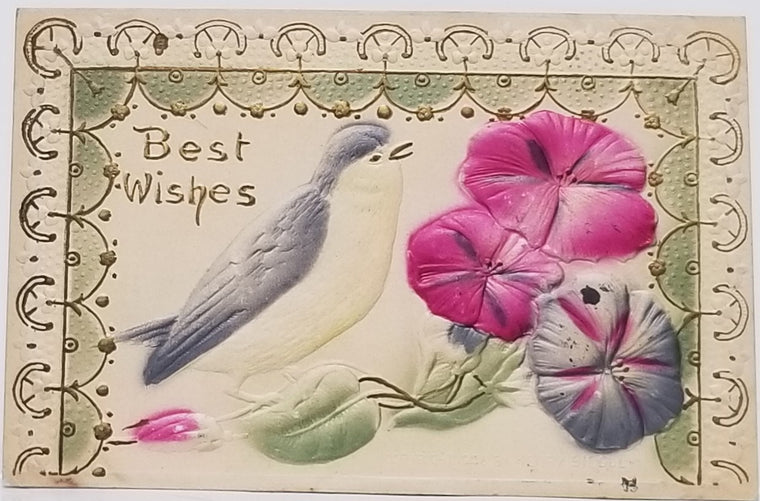 Best Wishes Heavy Embossed Bird with Pink & Blue Flowers