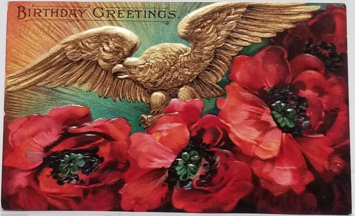 Bird Themed Birthday Postcard Gold Eagle Flying Over Red Poppies Made in Germany Gel Finish