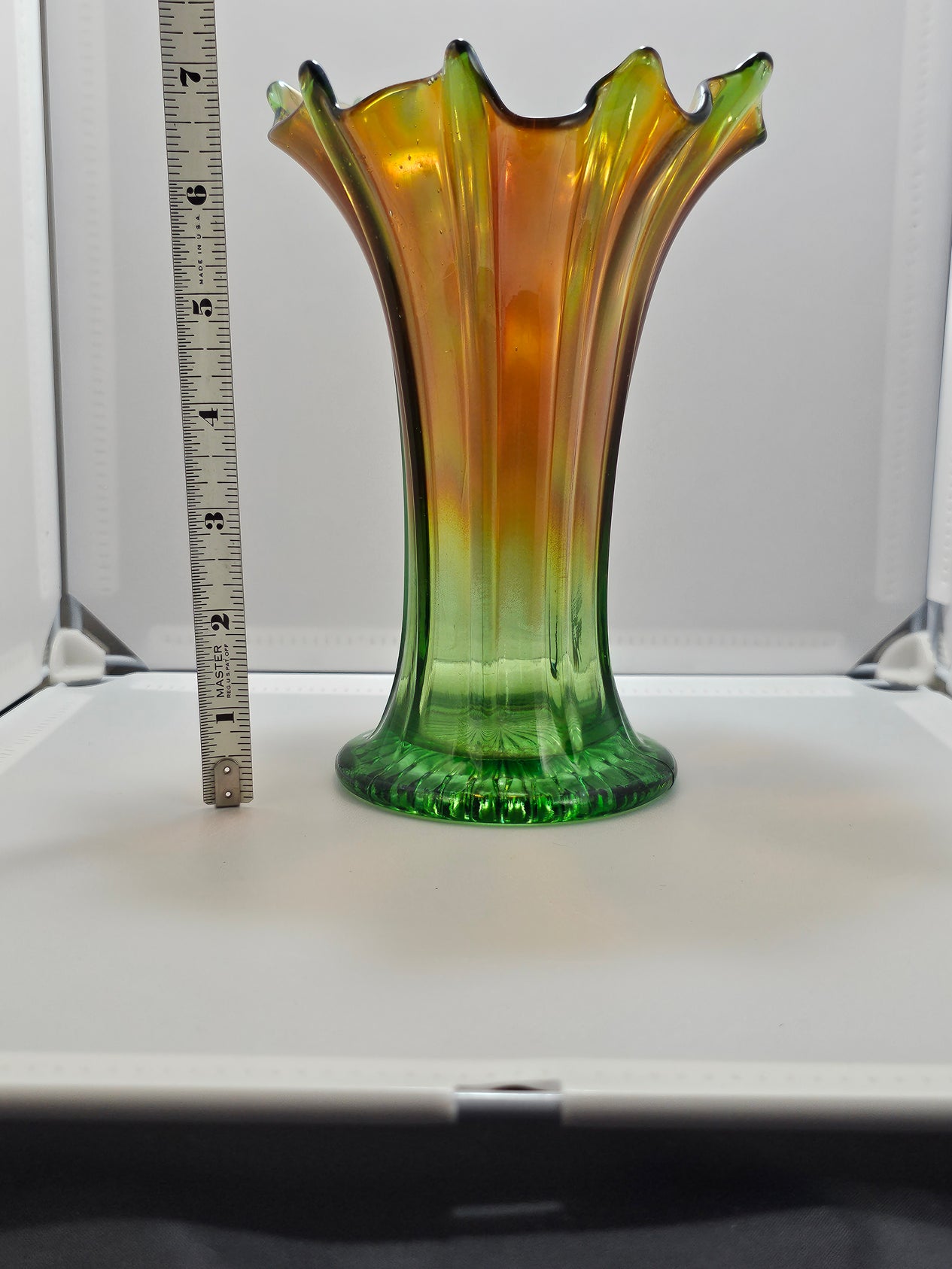 Northwood Thin Ribbed Swung Marigold Green Carnival Glass Vase