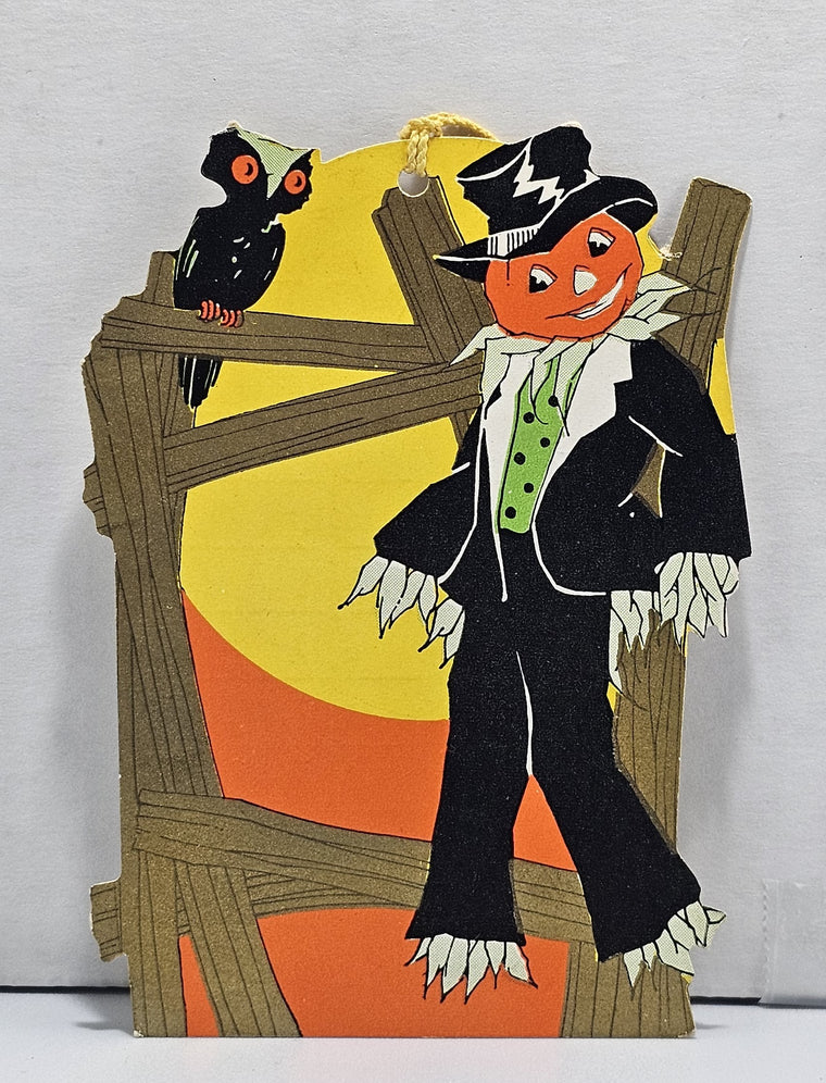 Vintage Halloween Decoration Tally Card Die Cut JOL Pumpkin Scarecrow Man in Top Hat Owl by Whitney Pub