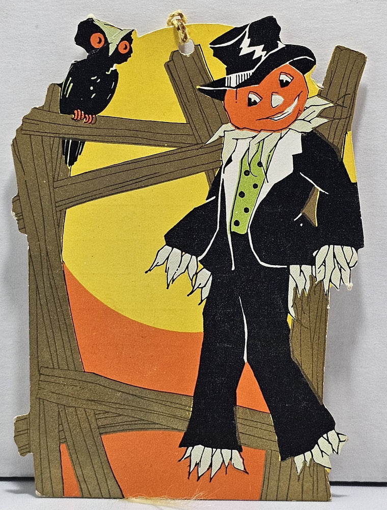 Vintage Halloween Decoration Tally Card Die Cut JOL Pumpkin Scarecrow Man in Top Hat Owl by Whitney Pub