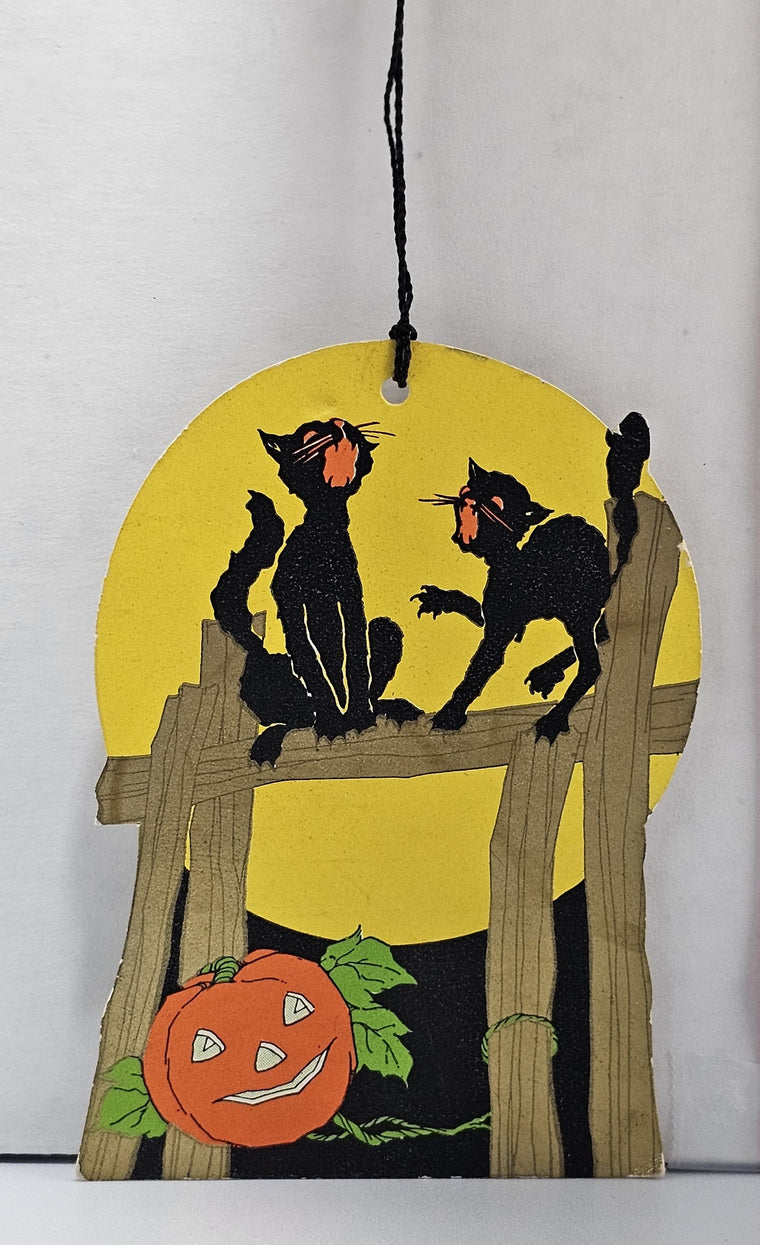 Vintage Halloween Decoration Tally Card Die Cut Black Cats Gold Fence Yellow Moon JOL's Whitney Pub