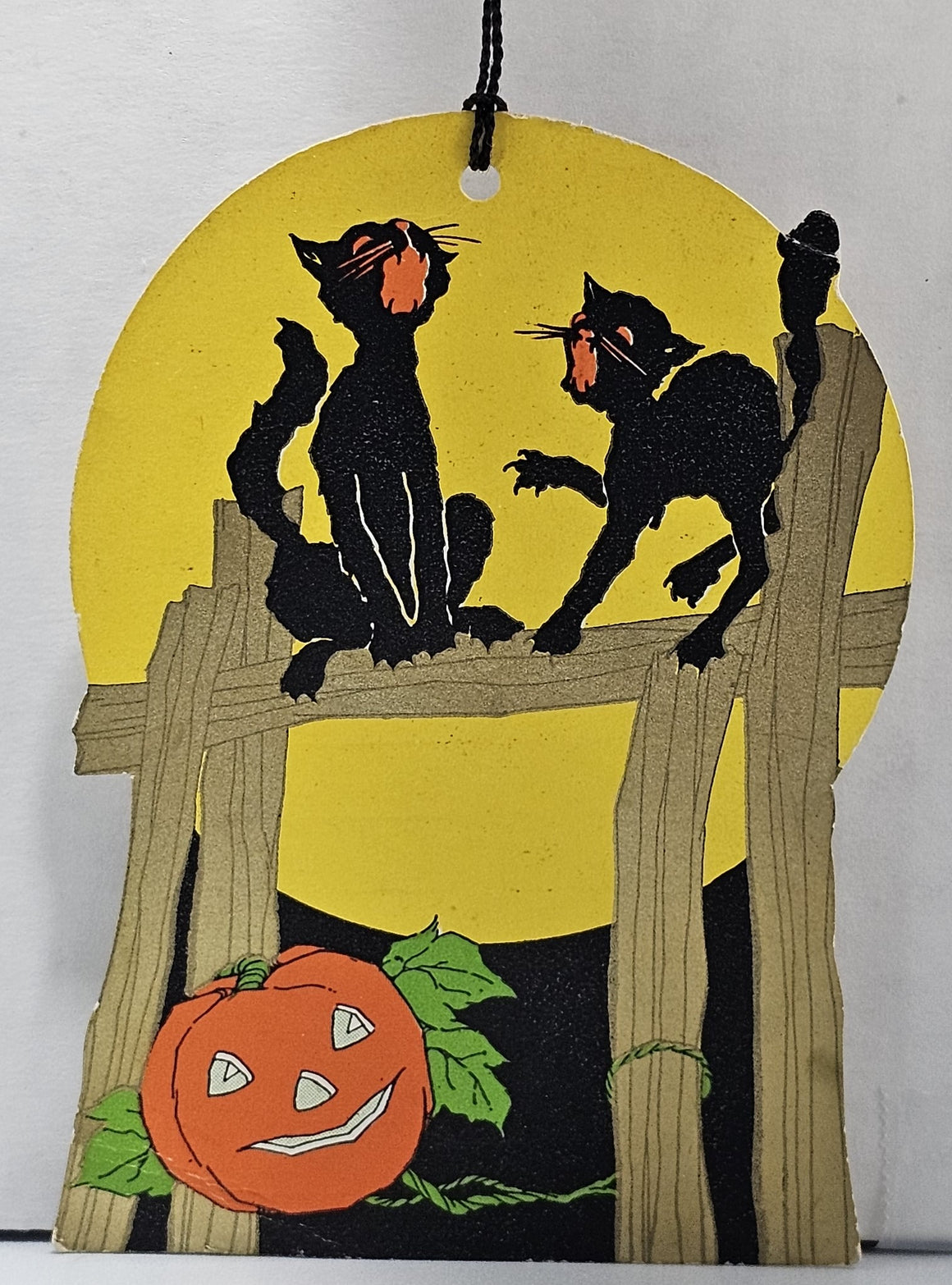 Vintage Halloween Decoration Tally Card Die Cut Black Cats Gold Fence Yellow Moon JOL's Whitney Pub