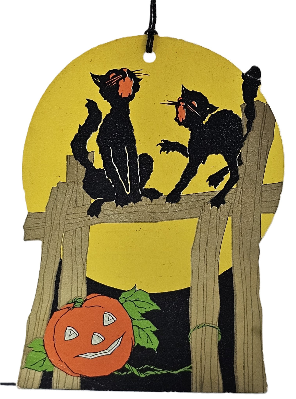 Vintage Whitney Halloween Tally Card Die Cut Black Cats on Fence with Moon