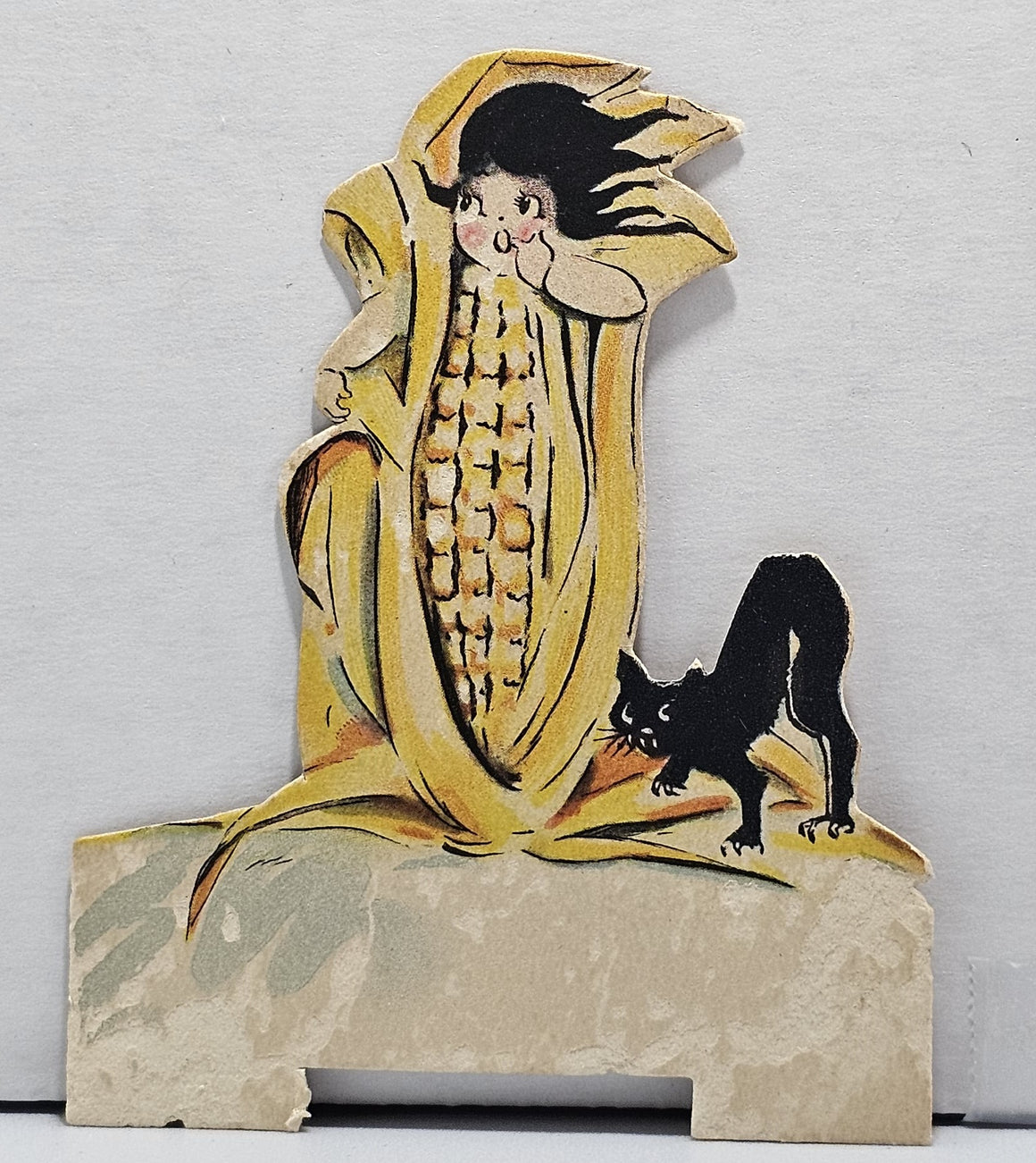 Vintage Antique Halloween Deco Era Dennison Die Cut Place Card Girl in Corn Cob Dress Black Cat
