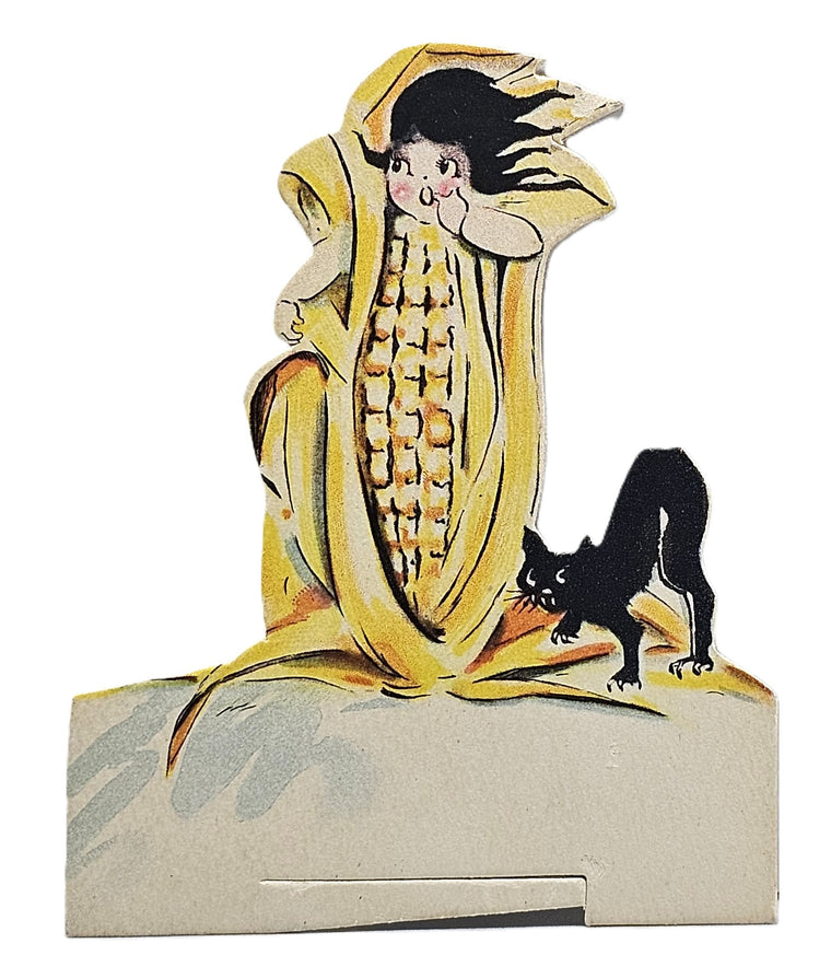 Vintage Antique Dennison Halloween Die Cut Place Card Girl in Corn Cob Dress