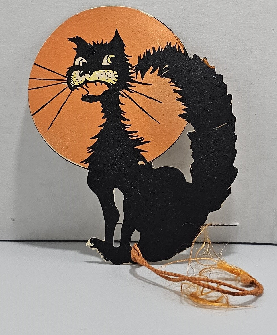 Vintage Halloween Deco Era Rust Craft Tally Card Black Cat with Orange Moon