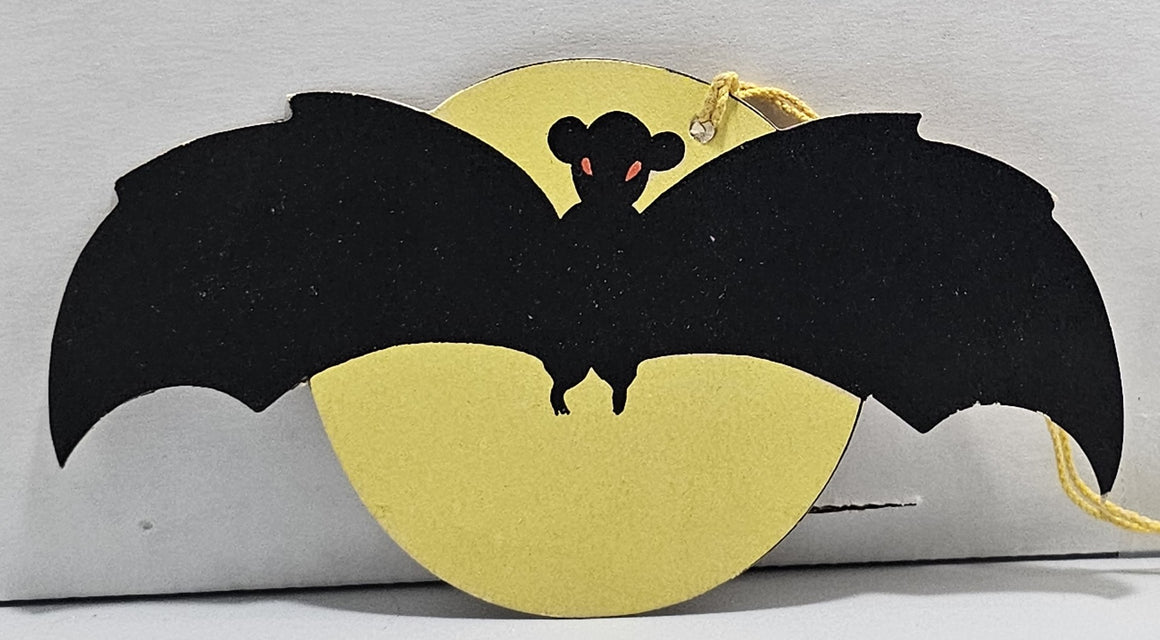 Vintage Halloween Decoration Tally Card Die Cut Bat with Orange Eyes in Front of Yellow Full Moon Rust Craft Pub