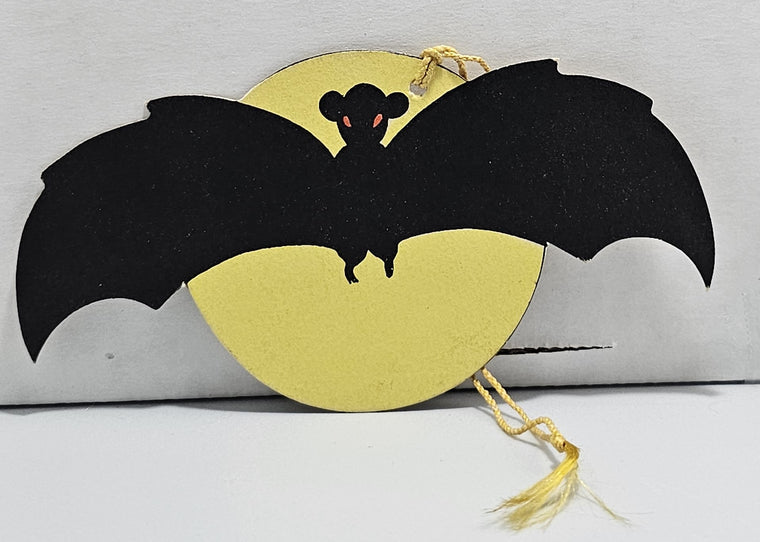 Vintage Halloween Decoration Tally Card Die Cut Bat with Orange Eyes in Front of Yellow Full Moon Rust Craft Pub