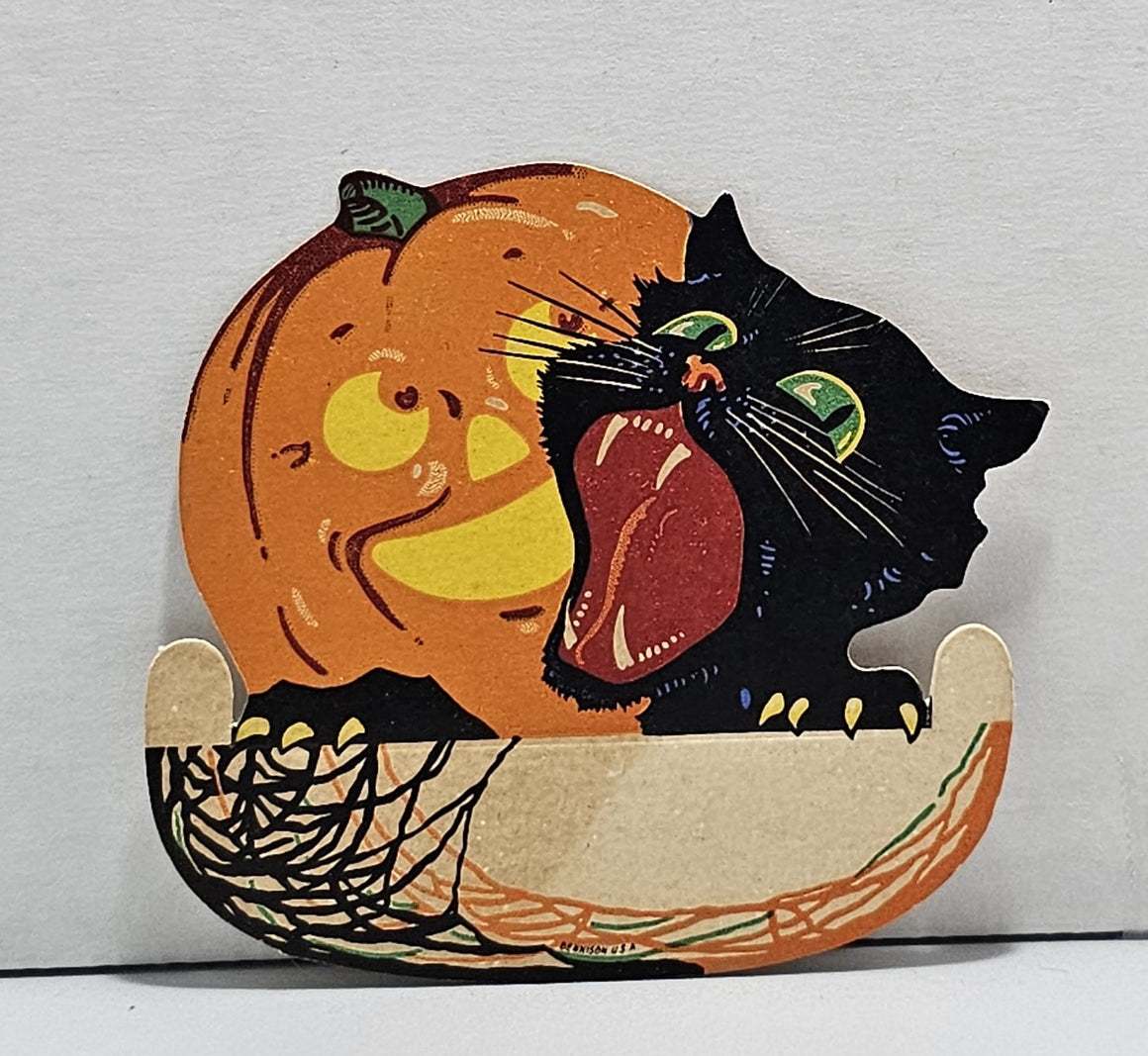 Vintage Halloween Die Cut Dennison Deco 1920s Place Card Scary Black Cat JOL Pumpkin Scarce