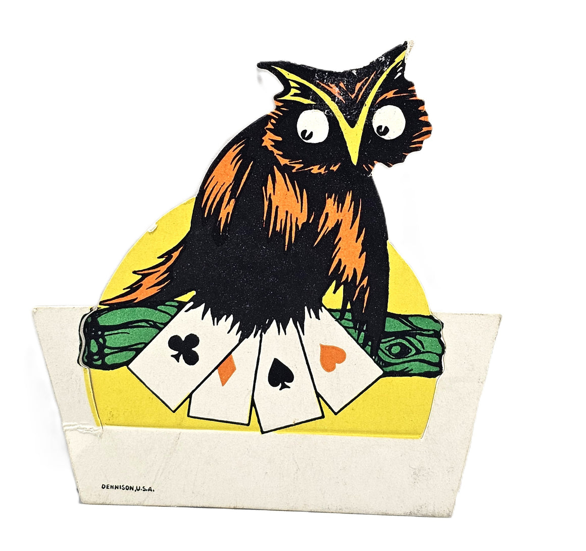 Vintage Dennison Halloween Die Cut Place Card Owl Holding Playing Cards