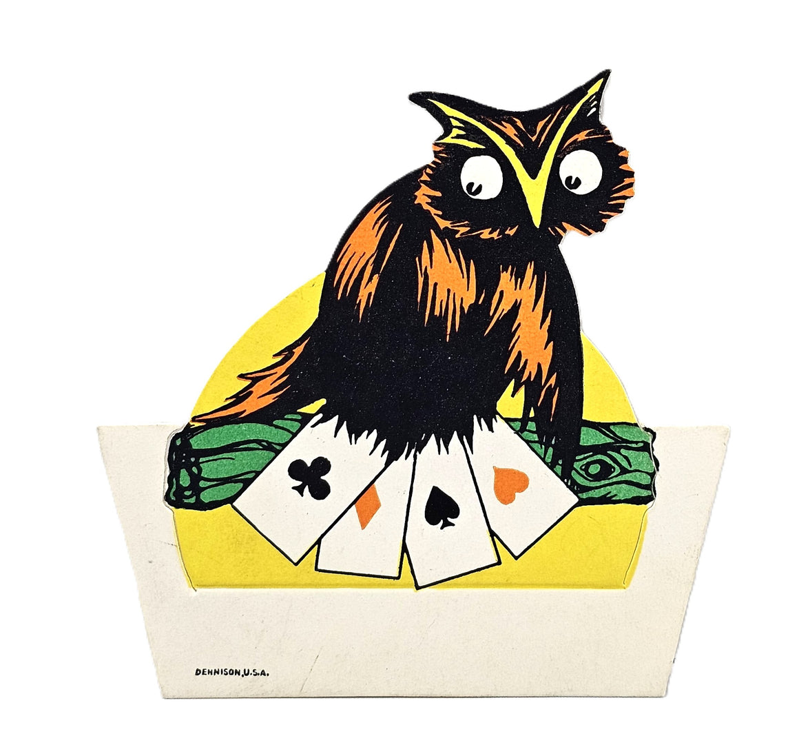 Vintage Dennison Halloween Place Card Die Cut Owl Holding Playing Cards