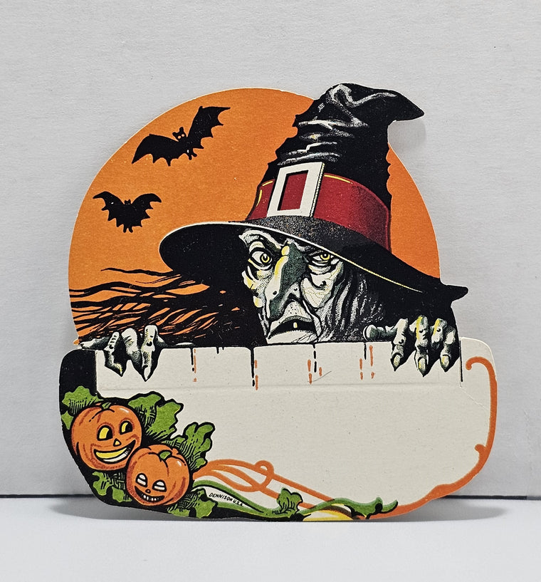 Antique Vintage Halloween Die Cut Dennison Deco Place Card Scary Witch Orange Moon Scarce