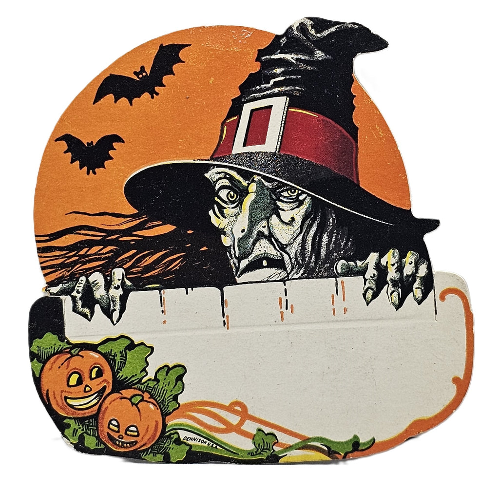 Vintage Halloween Place Card Dennison Die Cut Scary Witch with Moon