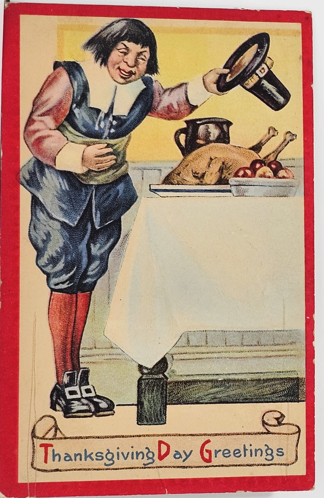 Thanksgiving Postcard Pilgrim Man with Turkey on Table Red Border Series 642