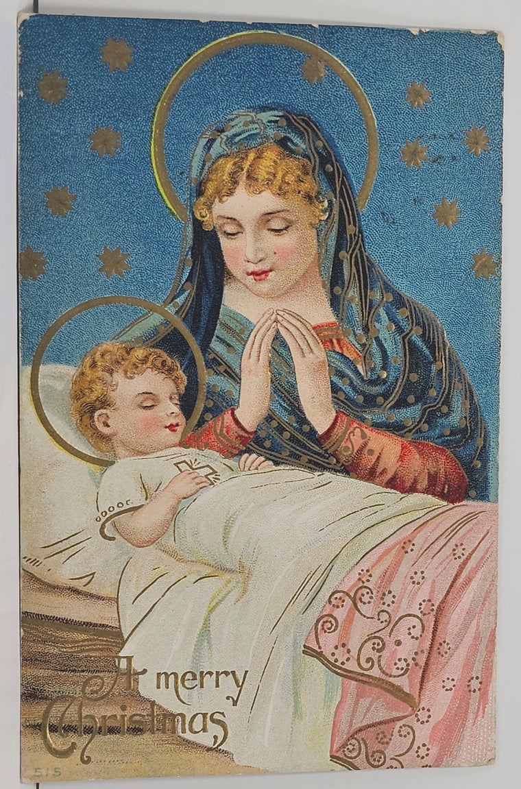 Christmas Postcard Religious Themed Mother Mary with Baby Jesus Gold Embossed