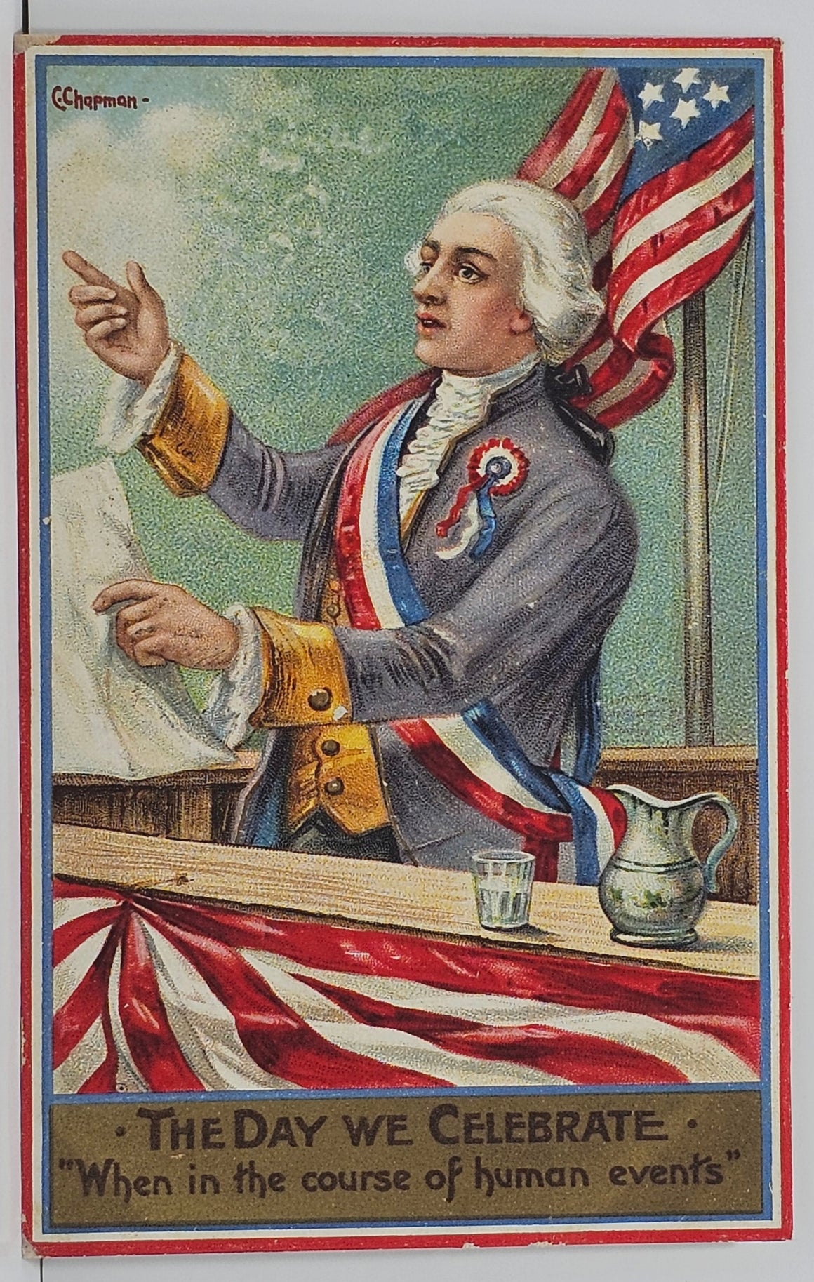 Patriotic Postcard George Washington on Balcony with American Flag Artist Chapman
