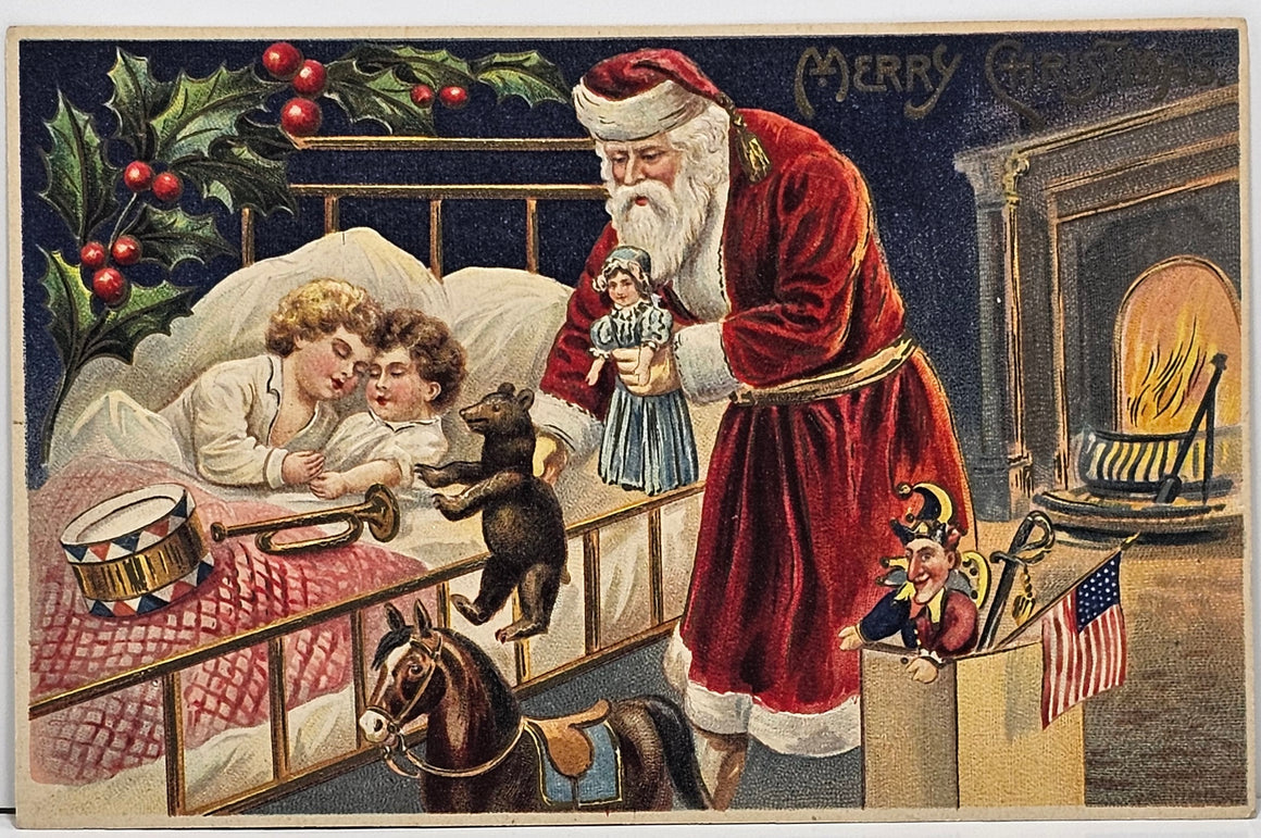 Christmas Postcard Santa Claus Sleeping Children Teddy Bear Patriotic American Flag Langsdorf Publishing Germany