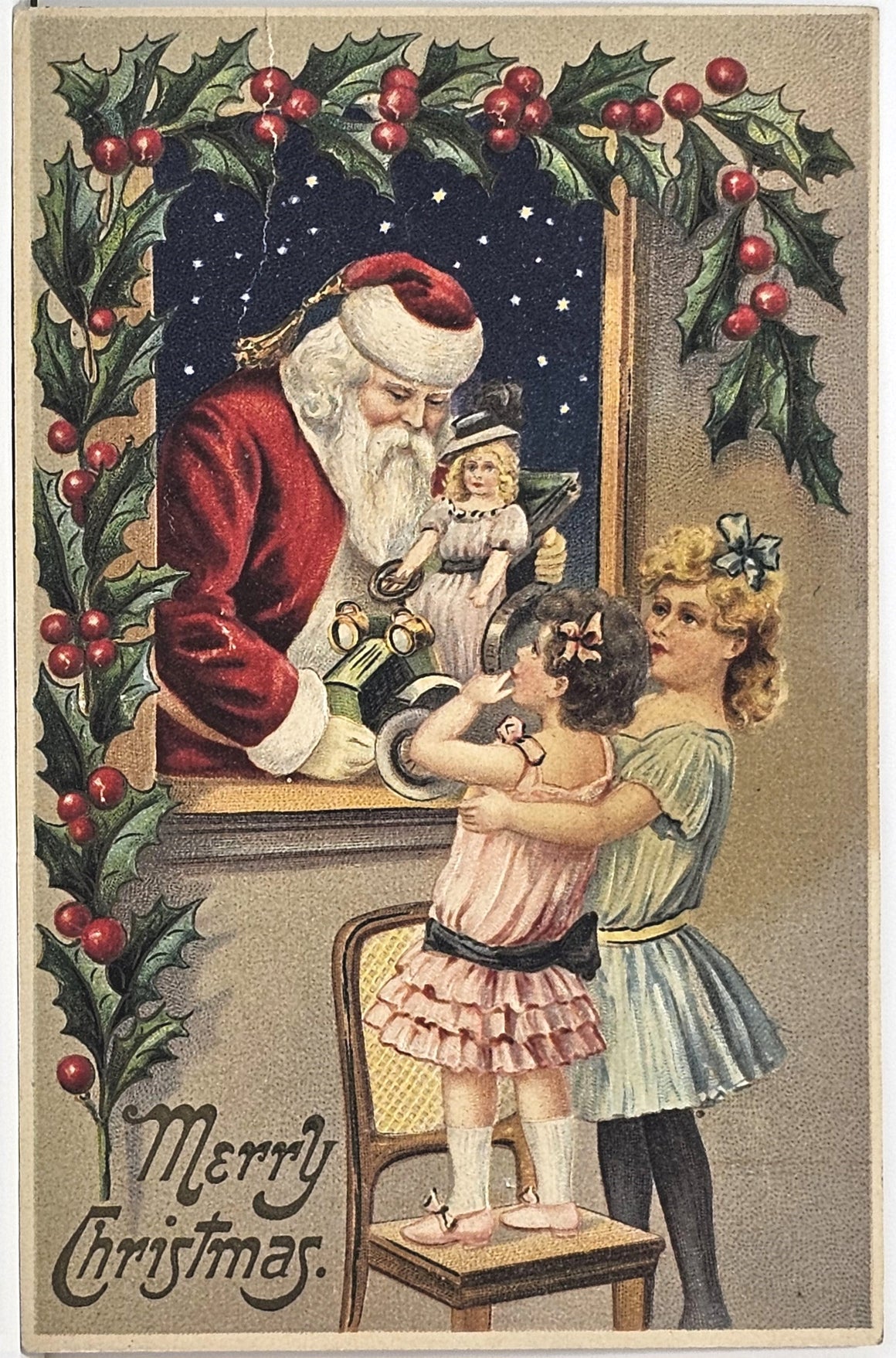 Christmas Postcard Santa Claus in Window Giving Toys to Two Small Children