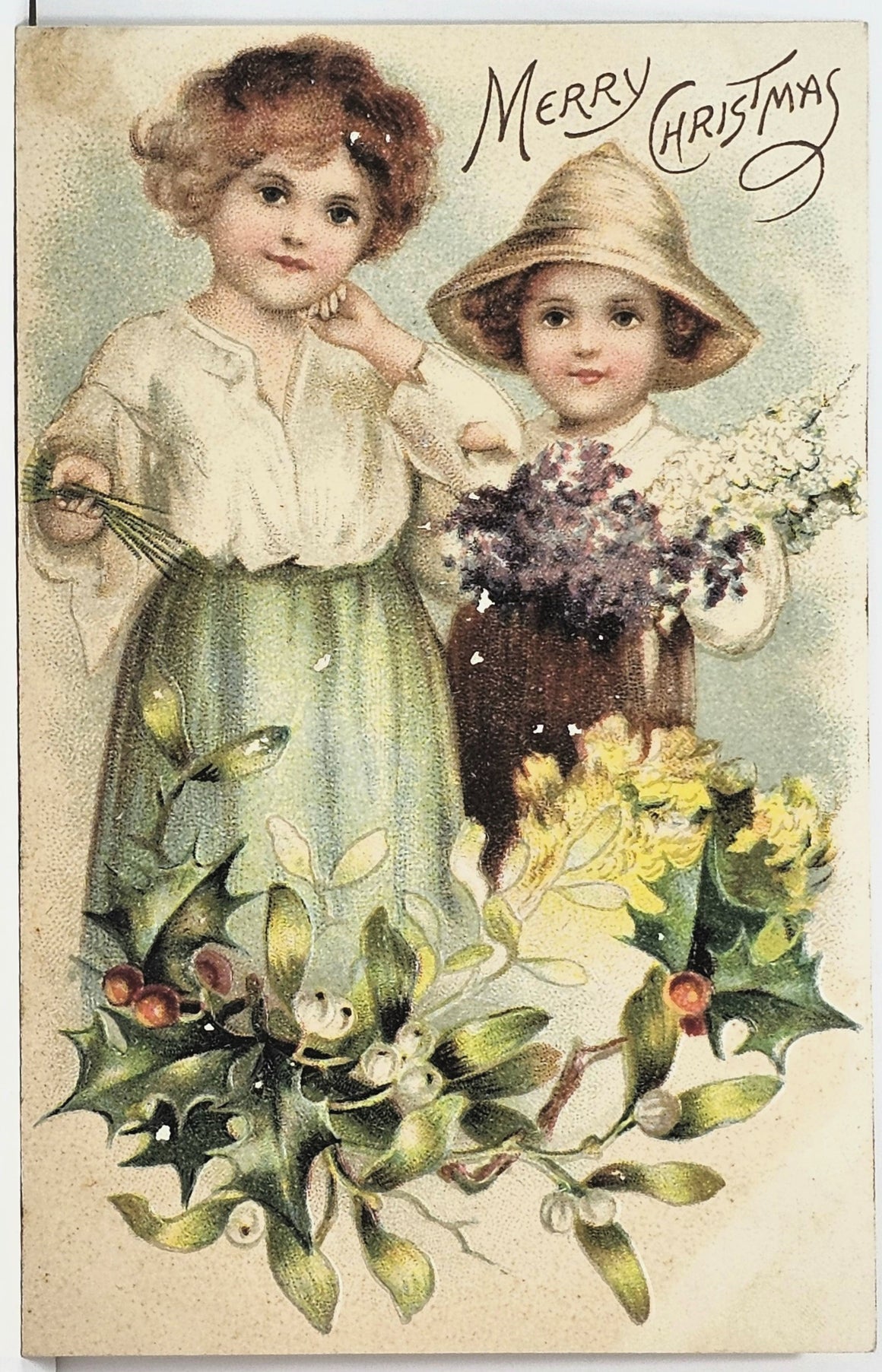 Christmas Postcard Angelic Children with Flowers & Holly Printed in Germany