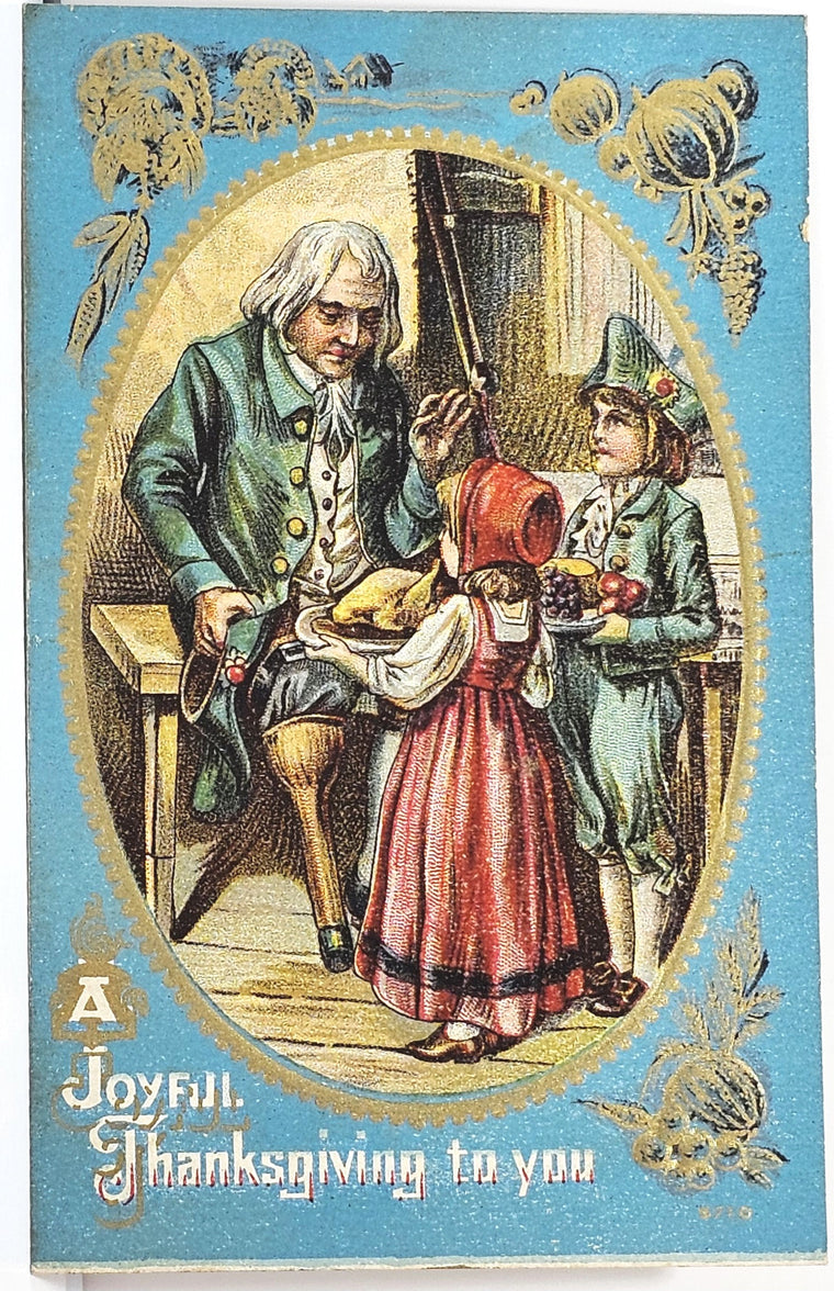 Thanksgiving Postcard Children Serving Dinner to Man with Peg Leg Blue Background Gold Highlights