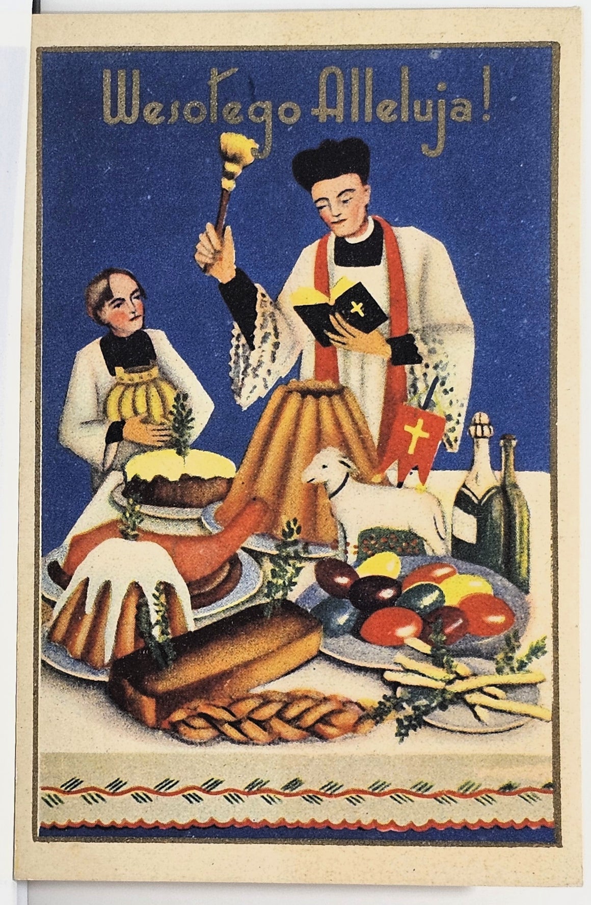 Easter Postcard Polish Greetings Blessings Over Table of Food